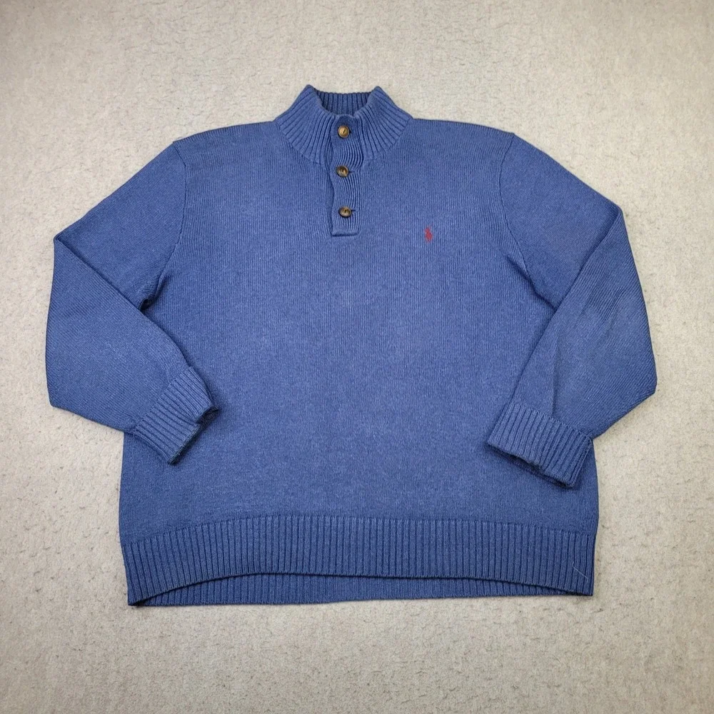 Polo Ralph Lauren Knit Pullover Sweater Men 2XL Blue 1/4 Button Mock Neck Preppy